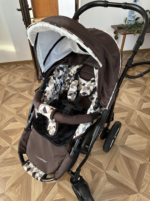 Carucior Krausman 3 în 1/Roti mari cu camera/Suspensie/Maro
