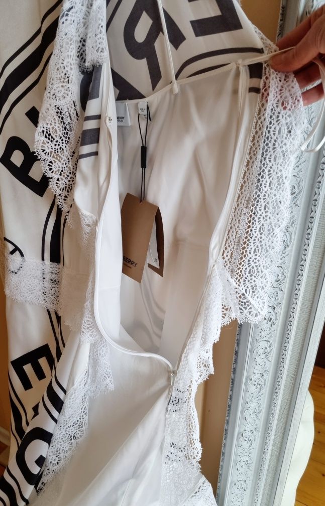 BURBERRY бяла midi рокля S/Mразмер коприна дантела лого официална Нова