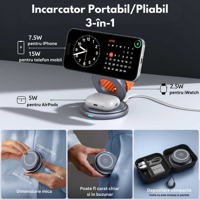 Incarcator Wireless 3in1, Fast charger, Statie de incarcare Rapida 15W