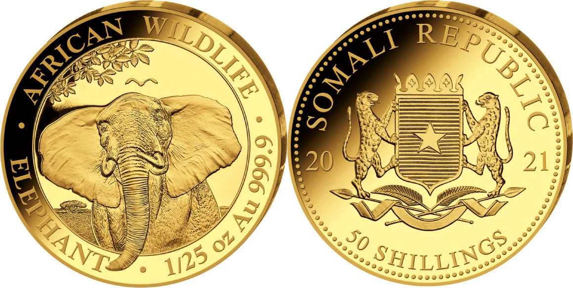 Златна монета Сомалийски слон 1/25 oz 2021