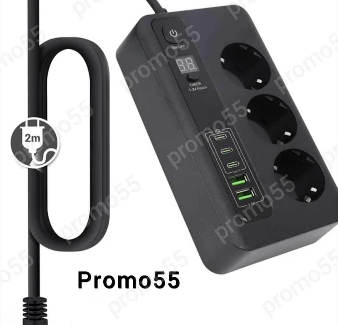 ПРОМО! Разклонител с USB 2бр,Type-c 3бр, EU-3бр 3000W Ключ, Таймер
