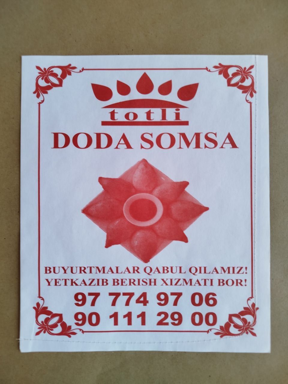 Somsa gummalar uchun qogoz paket