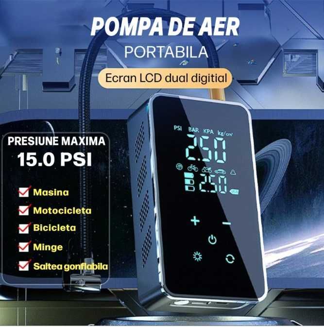 Compresor auto electric, Pompa 6 in 1  12V, cu afisaj digital LCD