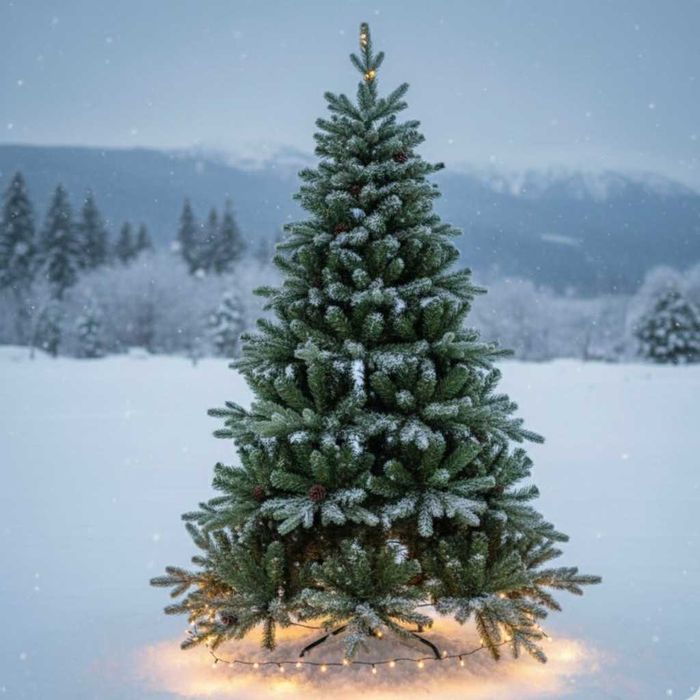 Реалистична коледна елха с декоративни шишаркистойка в различен размер