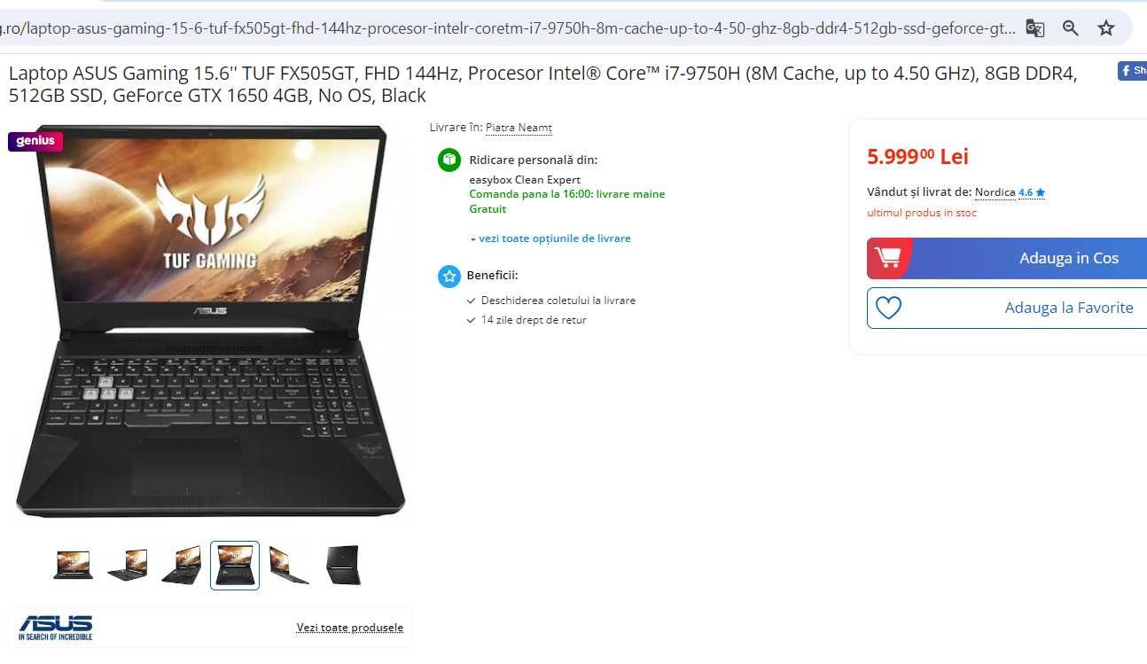 Laptop gaming Asus intel core i7 9750H ,video GTX 1650, 16 gb, 144 hz