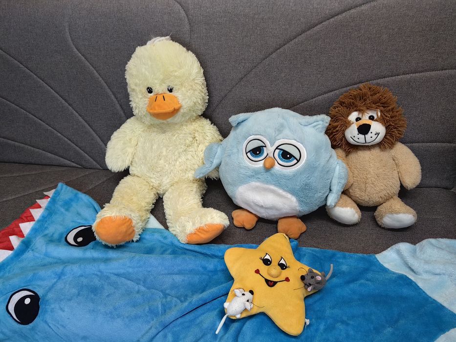 Set plușuri copii:ratușcă, bufniță cu păturică tip sac, leu, soare