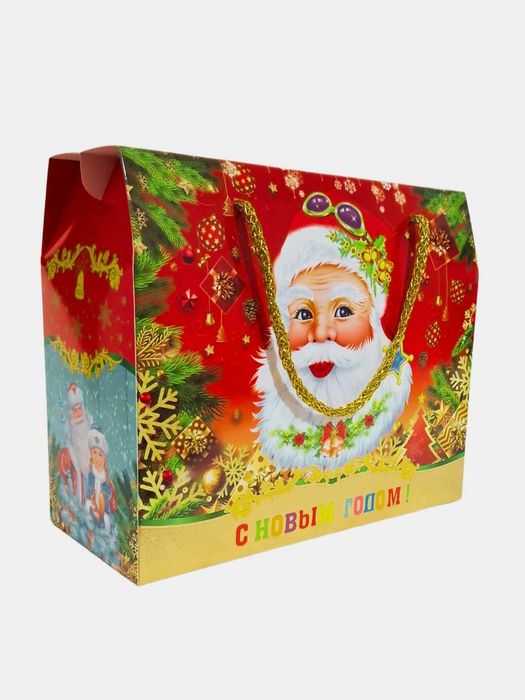 Qizil rangli, Qorbobo va bayramona bezaklar tasvirlangan sovg'a qutisi