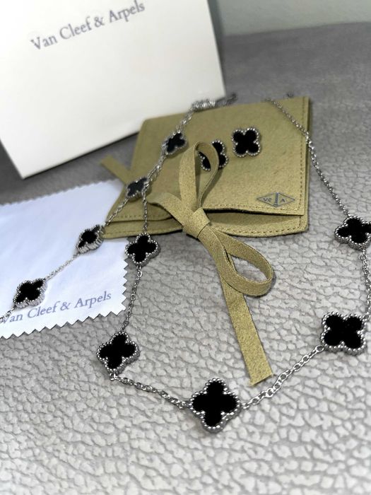 ван клиф сет бижута сребърни с черна детелина комплект van cleef колие