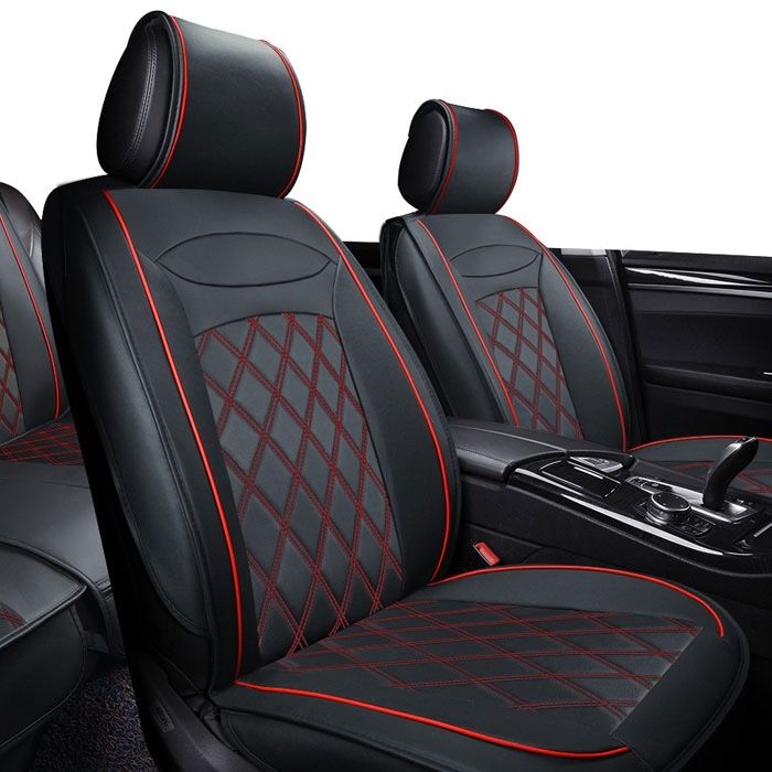 Кожена тапицерия за автомобил Черна с червен шев