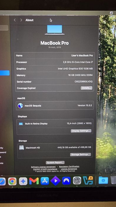 Macbook pro 15 Core i7 16gb 2019