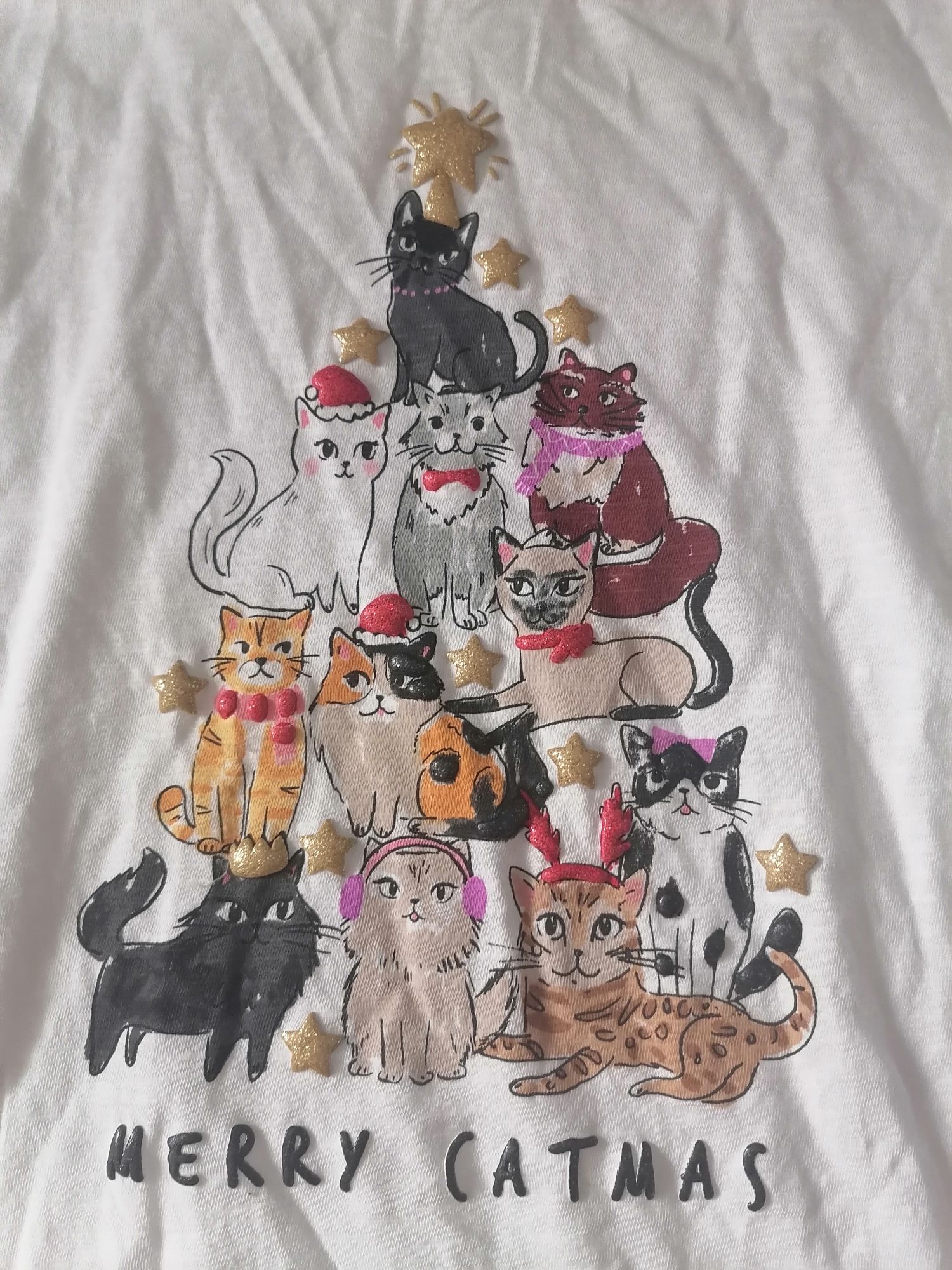 Bluza alba cu pisici, Merry Cat mas, M&S, 8-9 ani