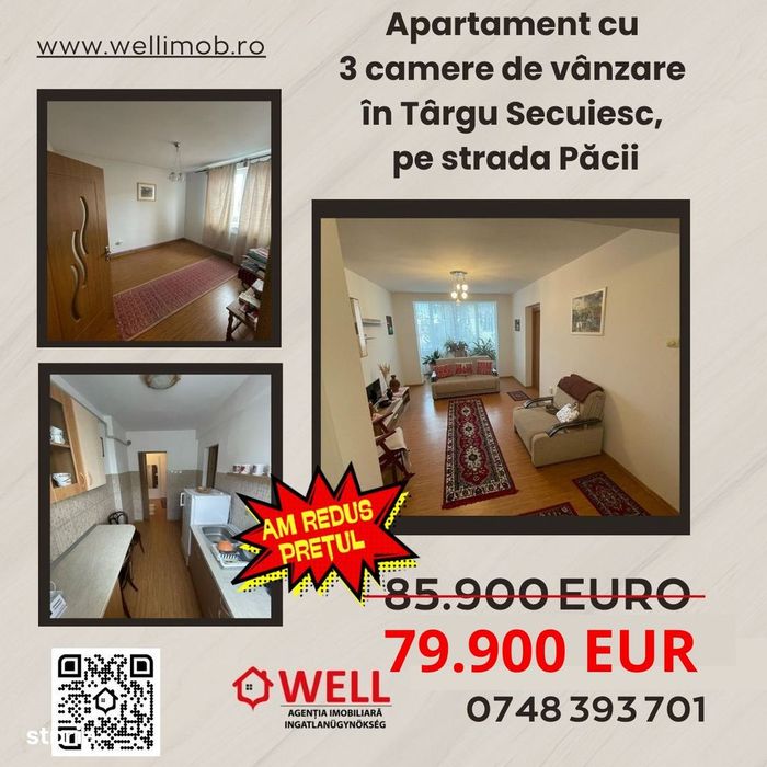 Apartament cu 3 camere de vânzare în Târgu Secuiesc, pe strada Păcii!