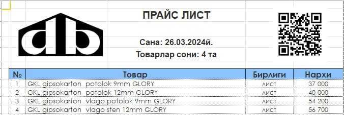 Gipsokarton stenovoy, potalok 9mm, 12.5mm GLORY