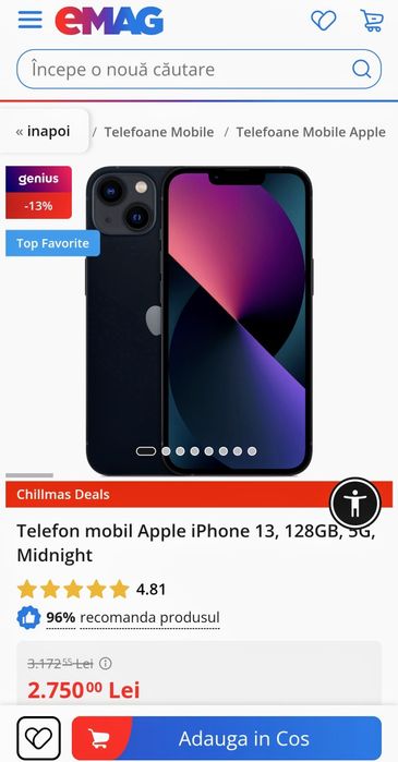 IPhone 13 5G Midnight 128 GB impecabil, baterie 100 % + cadou !