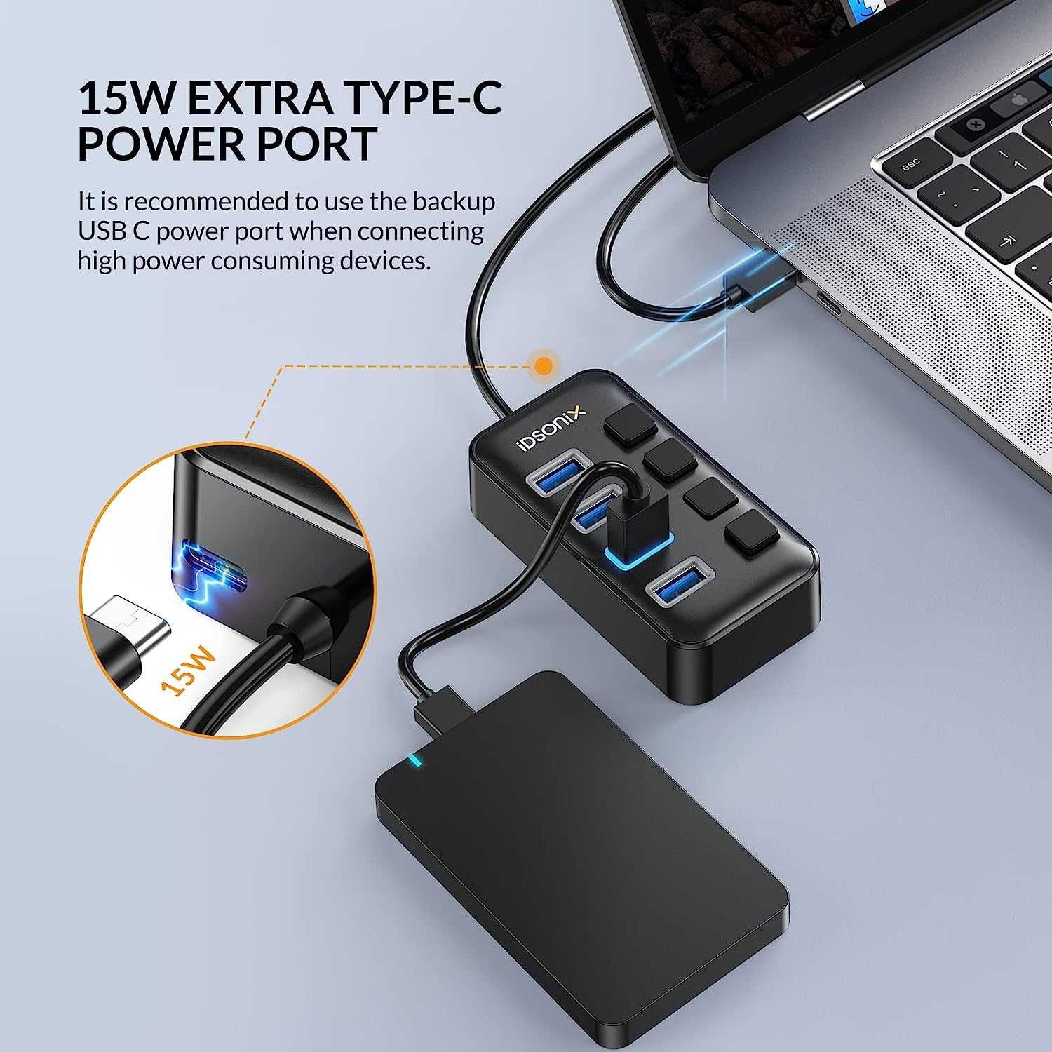 IDSONIX USB 3.0 хъб, 4-портов с 1 Type-C 5V/2A Type-C 5V/2A