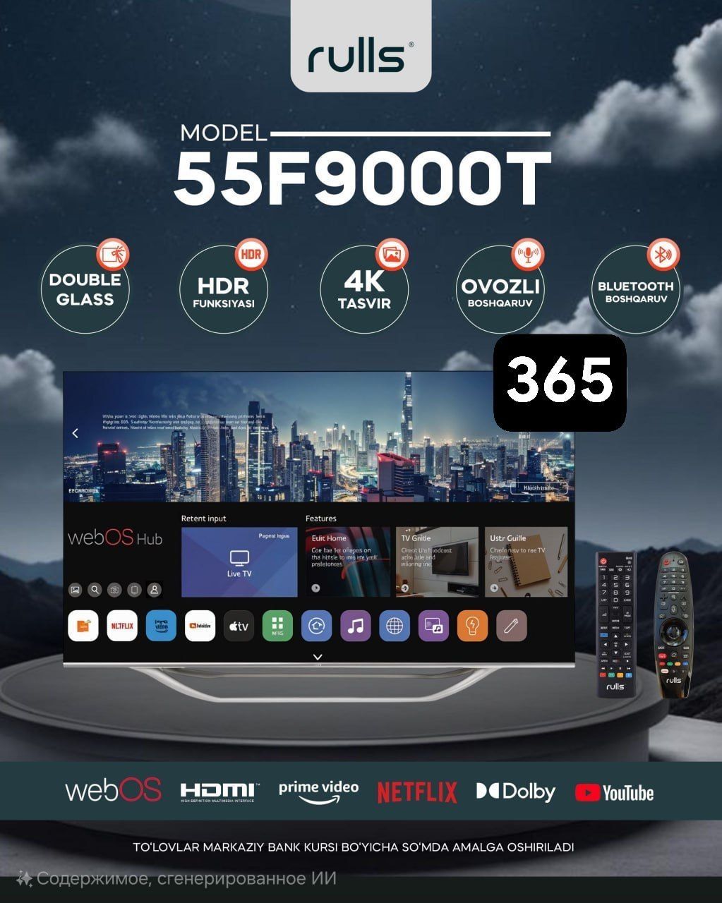 Телеаизор Rulls/WebOs/4K Hdr/double glass/прошивка/доставка бесплатно