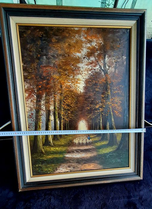 Vând tablou pictura in ulei pe pânză peisaj țărănesc cioban cu oi semn