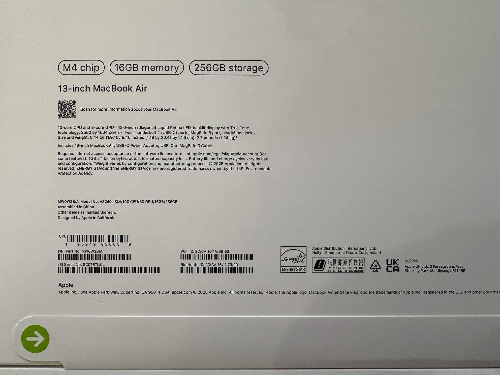 MacBook Air 13" M4 Chip 10-CPU, 8-GPU, 16GB RAM, 256GB SSD