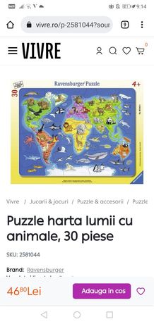 Puzzle Ravensburger 30 piese harta lumii cu animale