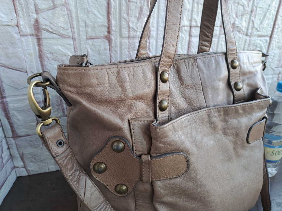 дамска чанта,бежова кожена торба-естествена кожа