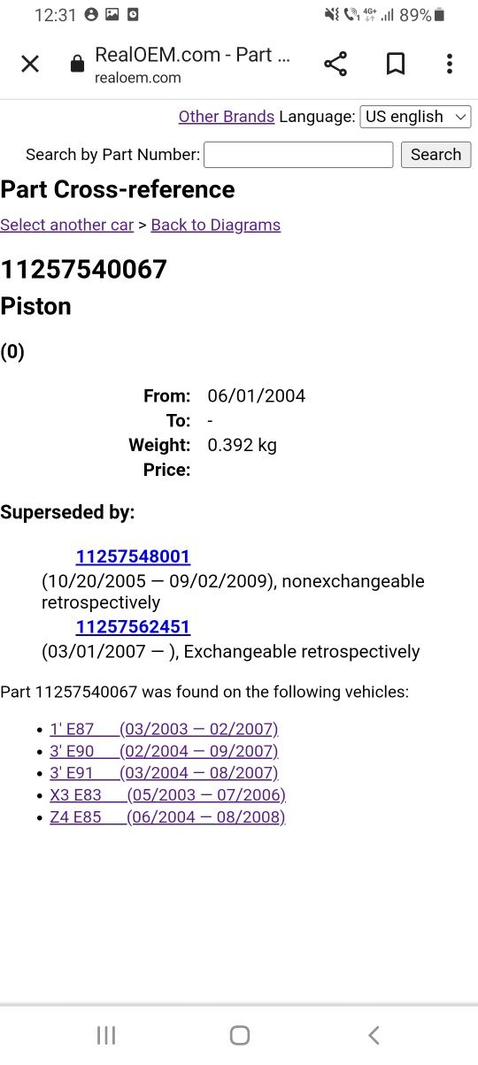 Piston bmw e90 e87 e83 e85 z4 x3 e91, n46, 2.0i, 7540067, 757953