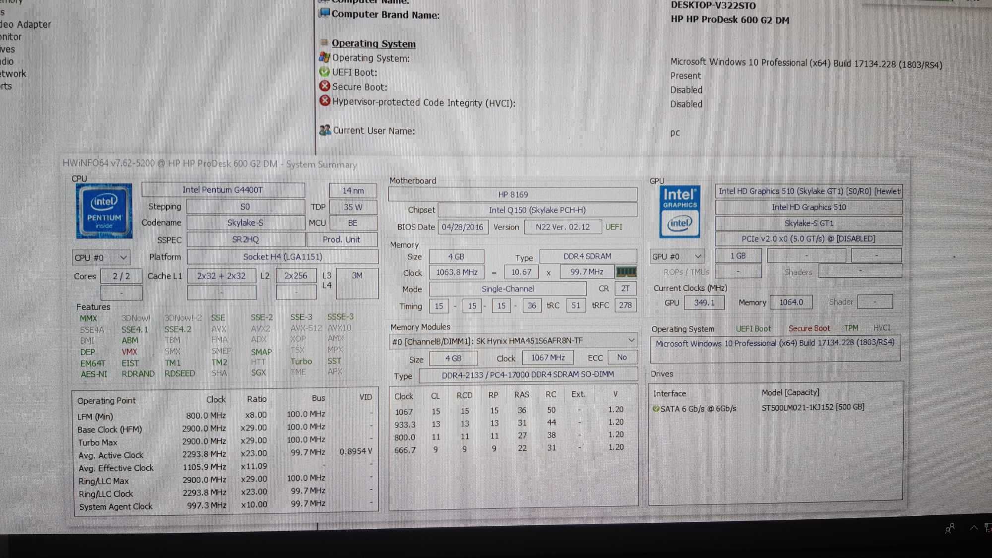 mini PC HP 600 G2 2.9GHz Intel DualCore G4400T ddr4  500GB ca NOU