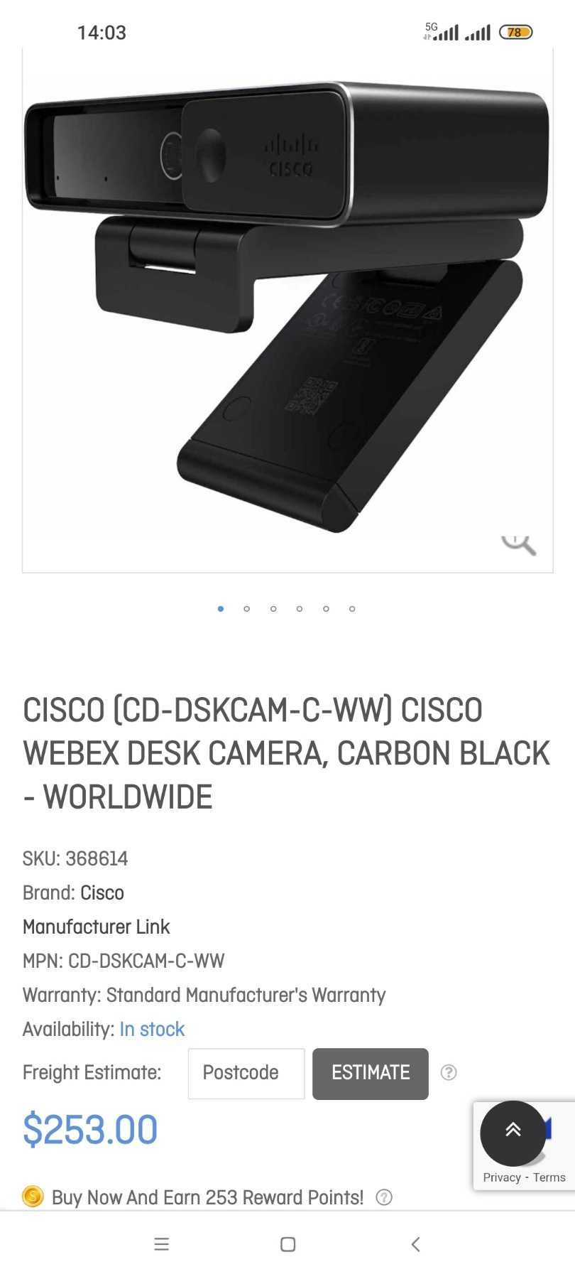 Уеб камера CISCO Webex Desk Camera Carbon Black CD-DSKCAM-C-WW