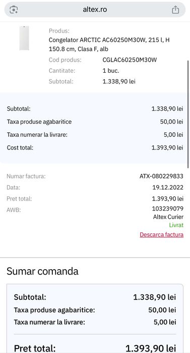 Congelator Arctic AC60250M30W 215litri  151 cm