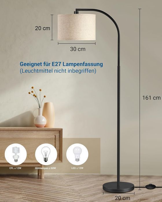 Lampă Arc de Podea EDISHINE 161 cm, Abajur Bej Ajustabil, E27, Negru