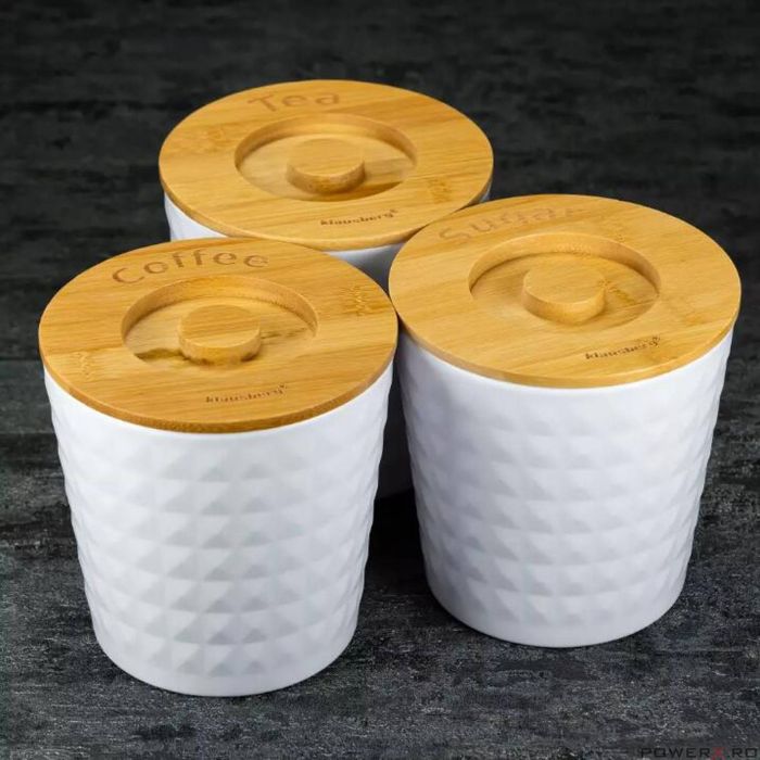 Recipiente pentru cafea, ceai, zahar, din inox-bambus, albe reliefate,