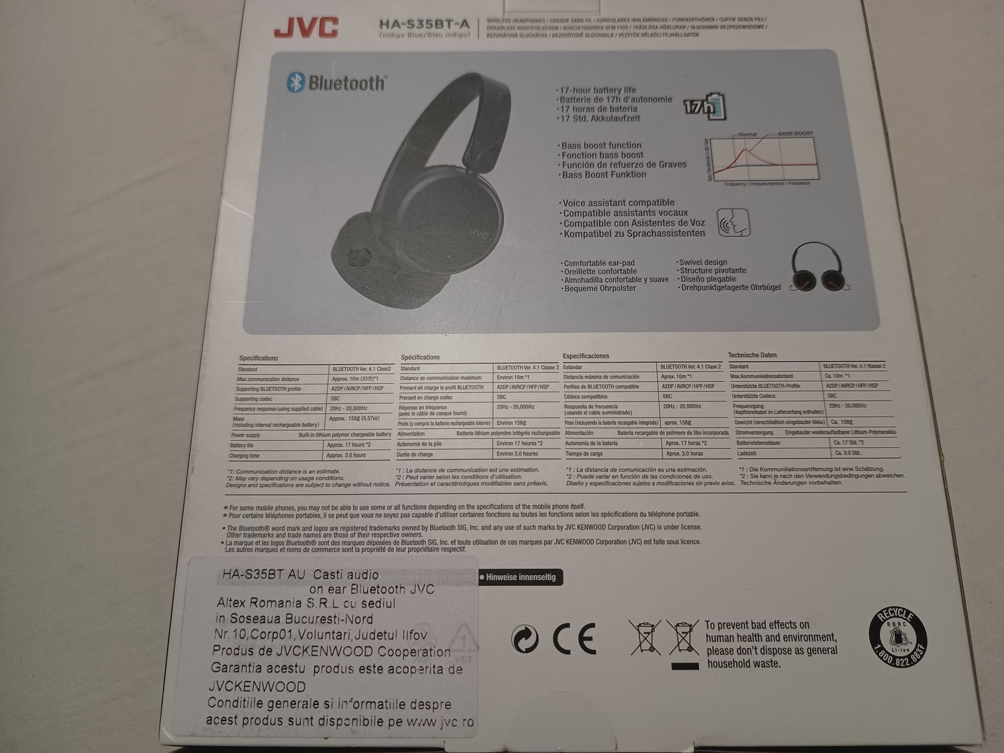 Căști Bluetooth JVC HA-S35BT-A culor Albastru Indigo