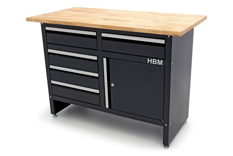 Метална работна маса 120 см с 5 чекмеджета 1 врата и плот от масивно д