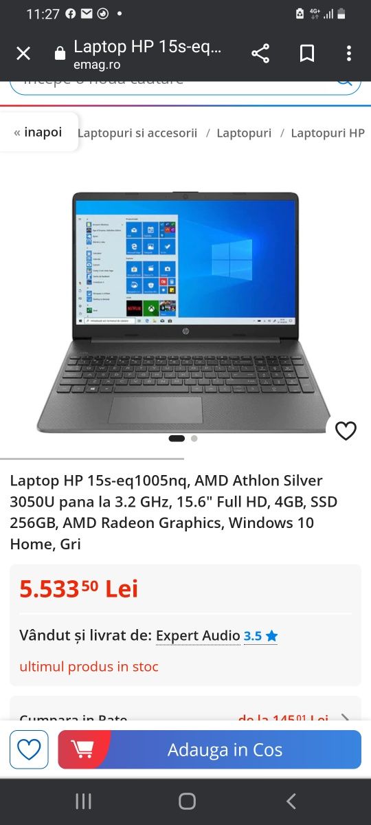 Laptop HP 15s-eq1005nq, AMD Athlon Silver 3050U pana la 3.2GHz, 15.6"