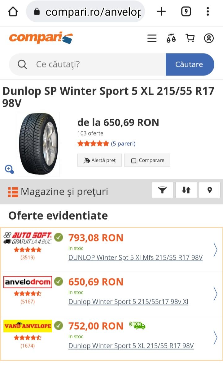 Cauciucuri de iarnă 215 55 R17 Dunlop 7.8 mm