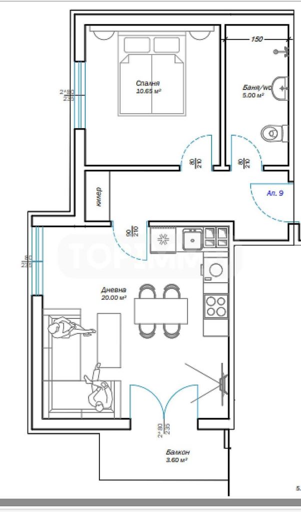 Продава се Двустаен апартамент в Варна, м-т Пчелина - 56 кв.м за 1338 €/кв.м - Снимка #3
