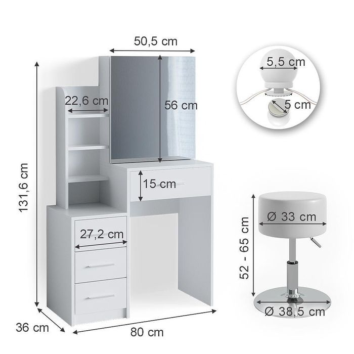Тоалетка "conrada" бял 80 см с led осветление vicco