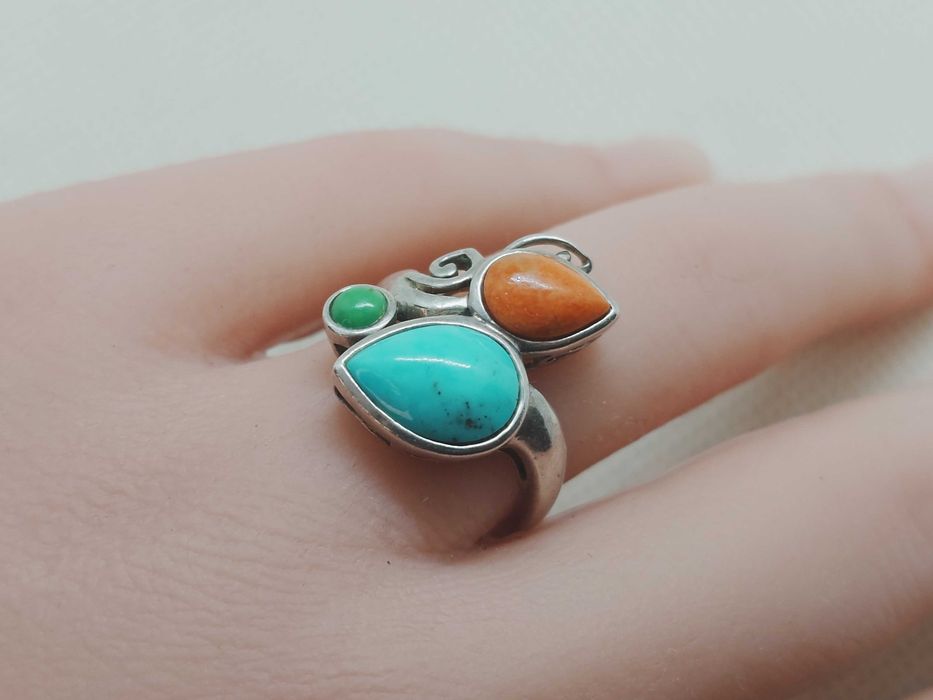 Inel din argint 925 cu turcoaz albastru & verde și coral portocaliu