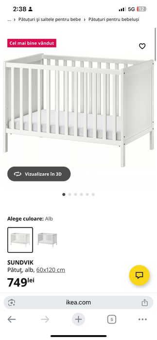 Patut + Saltea + Pilota bebelusi Sundvik Ikea