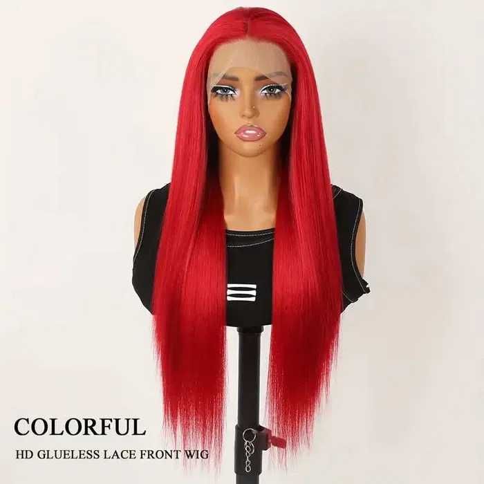 Ярко червена лейс фронт права перука с дантела