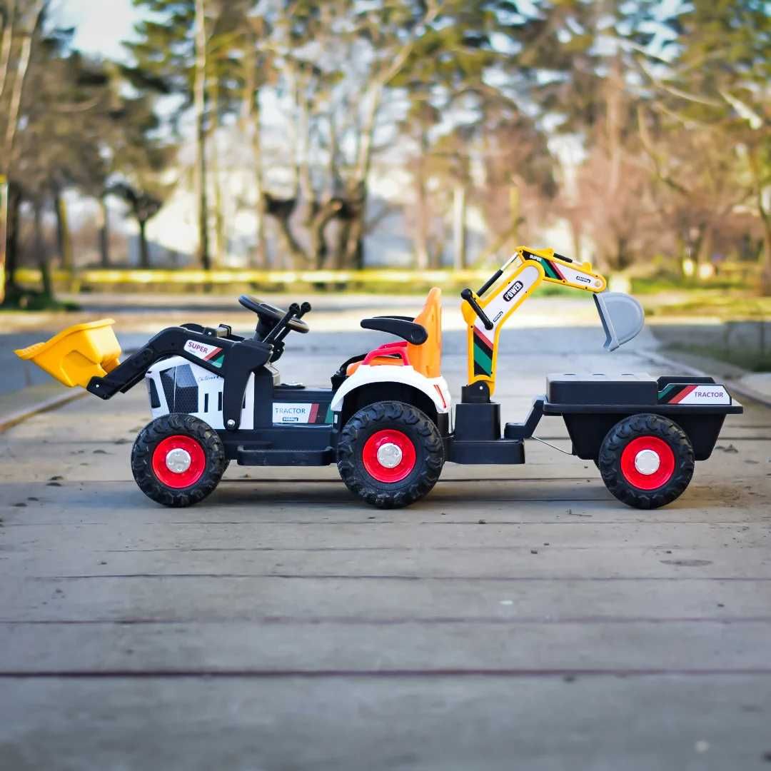 Tractoras electric pt copii remorca, incarcator frontal si cupa spate