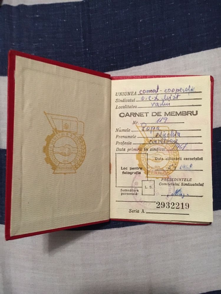 Carnet membru sindicat perioada comunista 1967