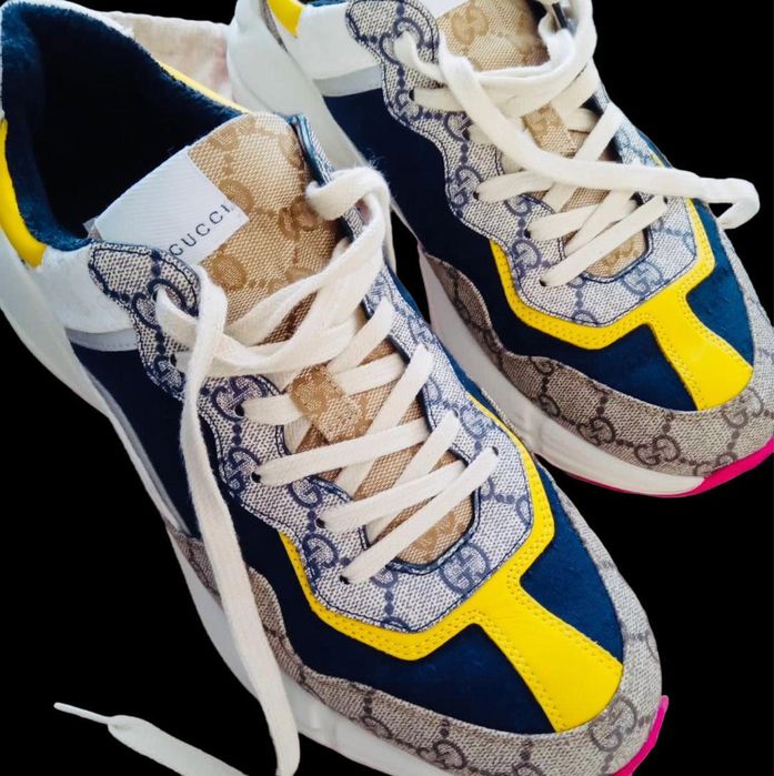 Adidași Gucci – Rhyton Monogram GG (galben, bej și blue navy) 36