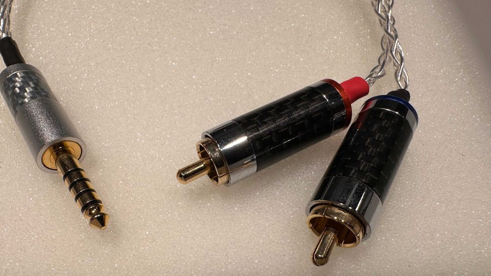 Cablu audio YYAUDIO 4.4mm Pentaconn → 2xRCA • 30 cm • Silver braided •