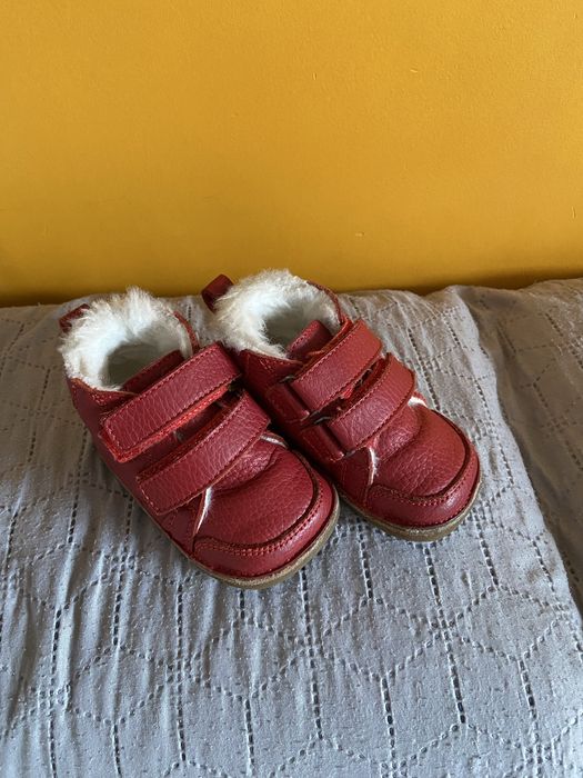 Ghete copii barefoot, piele naturala, blana, grena/velur, 21 EU