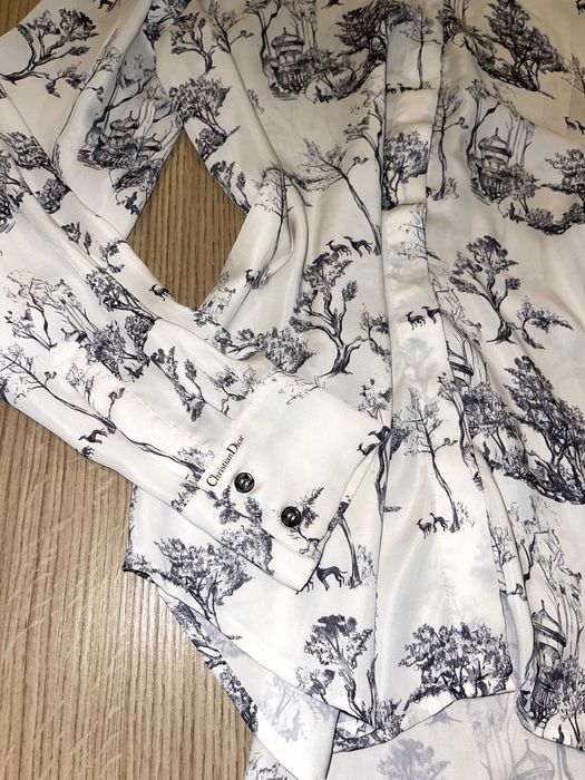 копринена бяла риза на диор dior с дъкъг ръкав сини дървета луксозна