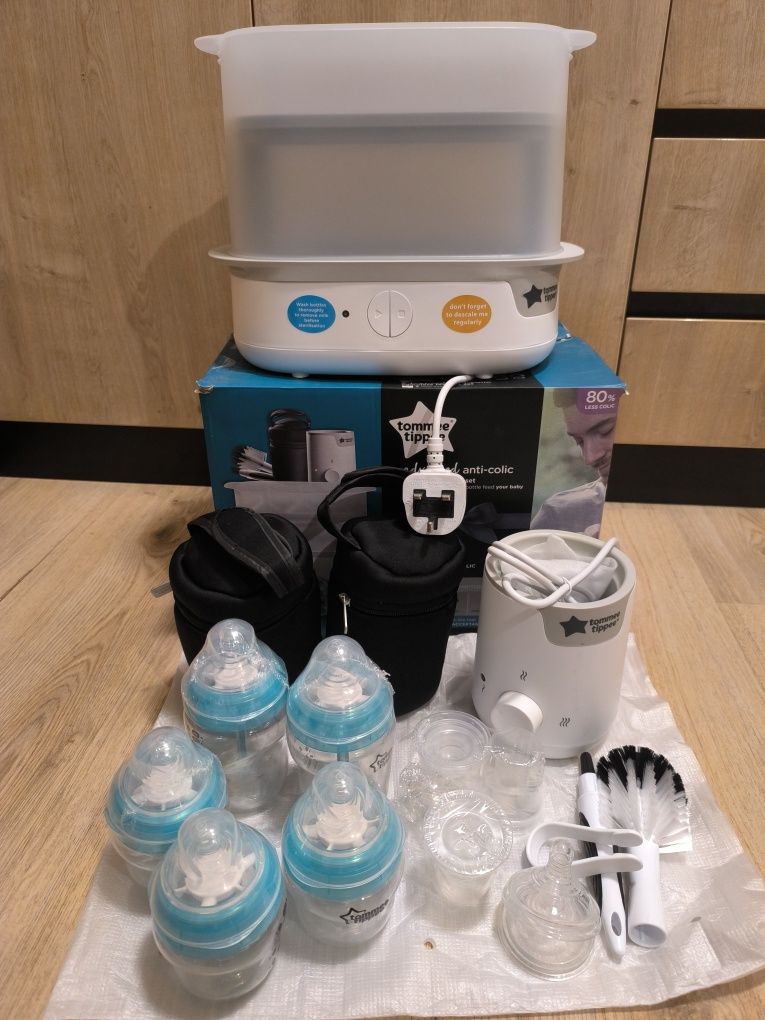 Tommee Tippee Комплект, стерилизатор, нагревател,анти-колик шишета и а
