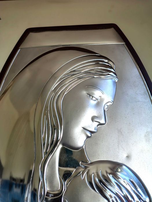 Страхотна Сребрена Икона Дева Мария С Младенеца