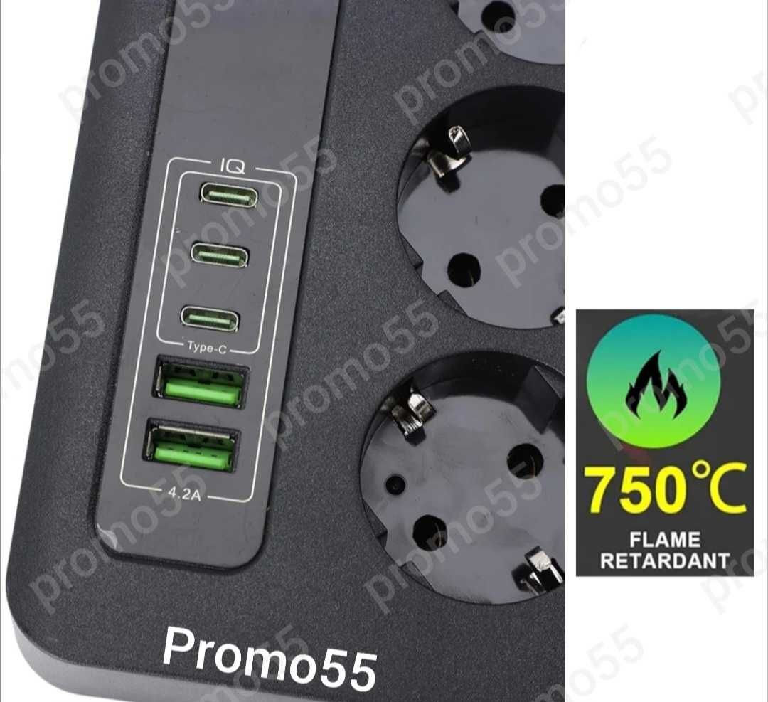 ПРОМО! Разклонител с USB 2бр,Type-c 3бр, EU-3бр 3000W Ключ, Таймер