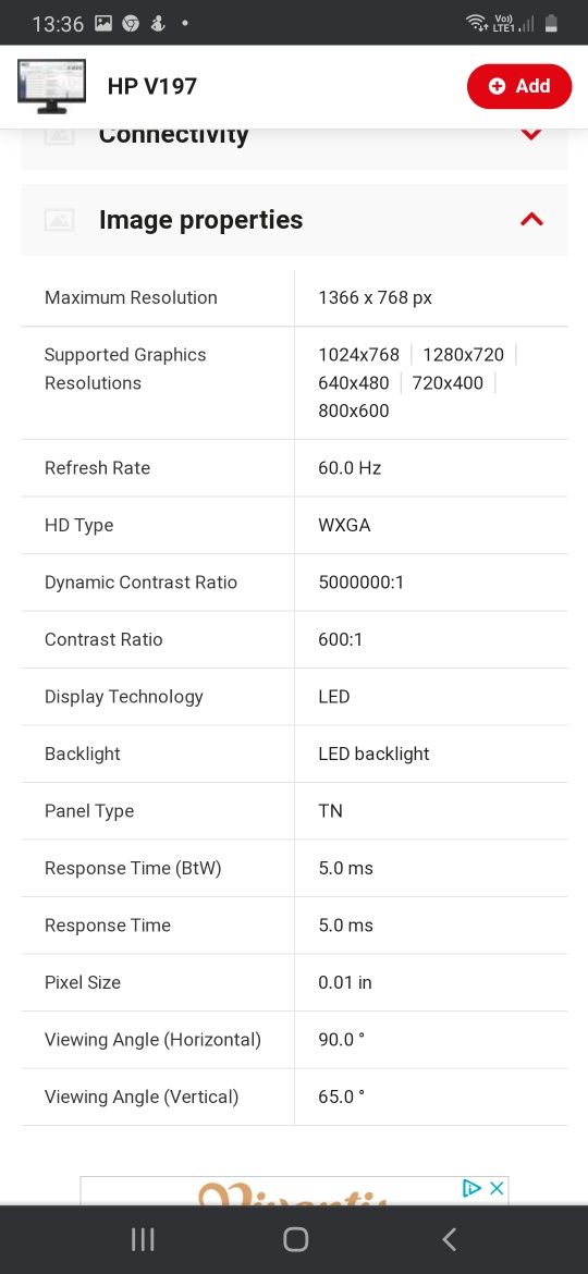 Monitor  HP V197