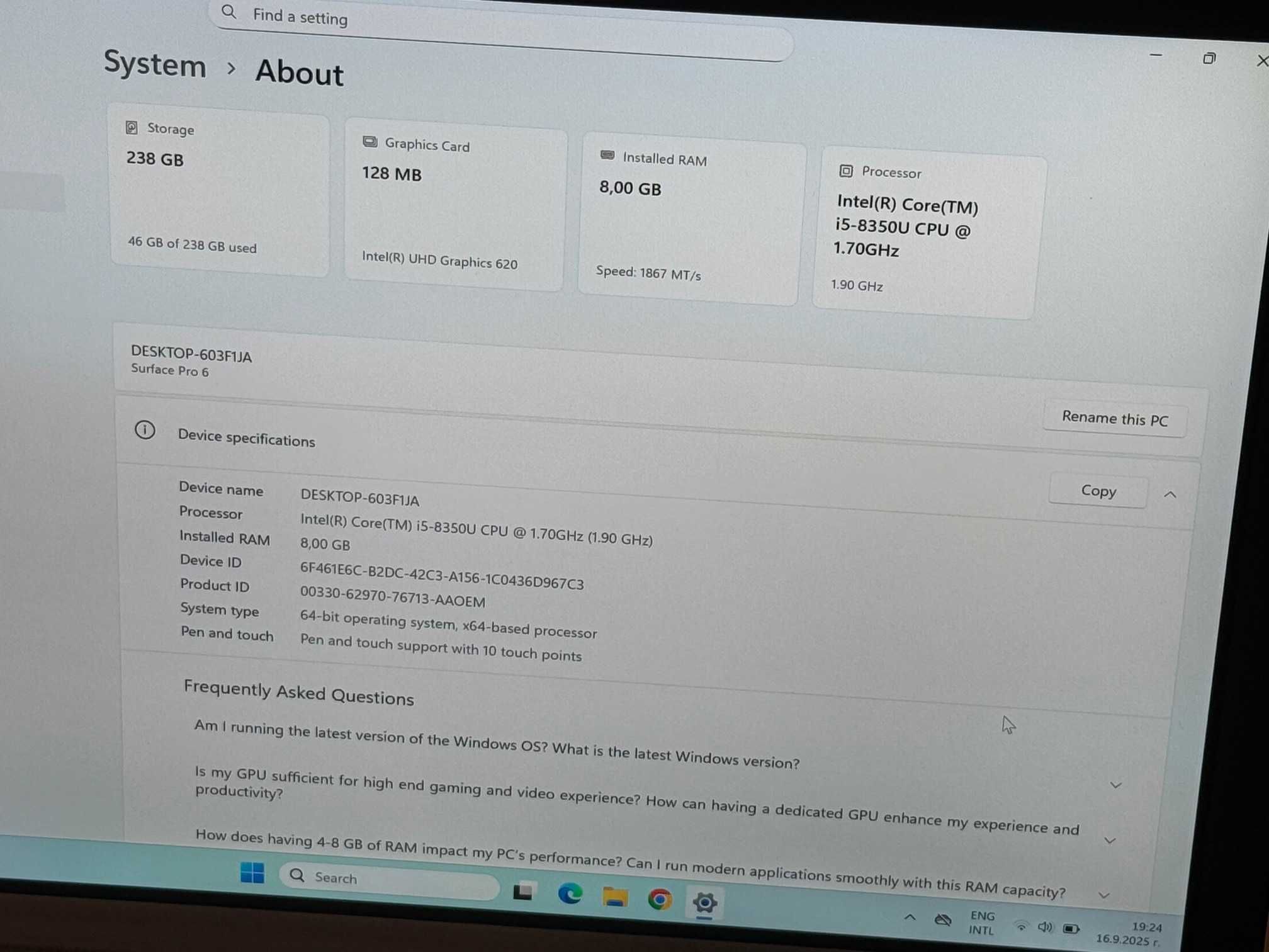 Microsoft Surface Pro 6 i5 8th/8RAM/256SSD